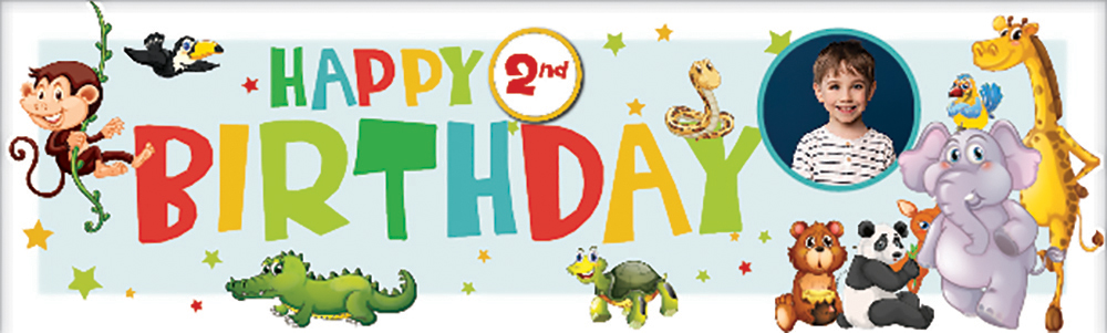 Personalised Happy 2nd Birthday Banner - Jungle Animals - 1 Photo Upload