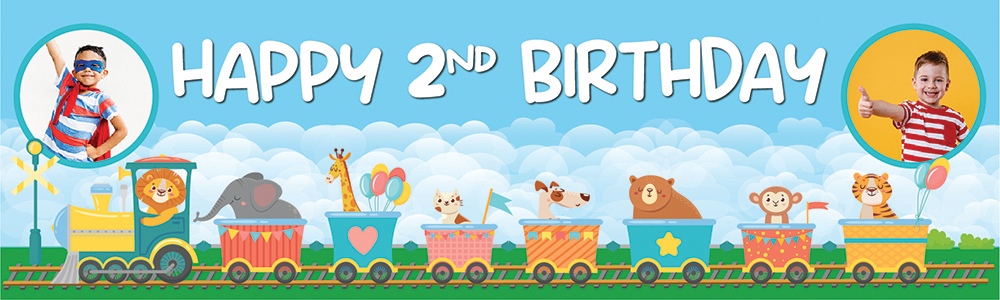 Personalised Happy 2nd Birthday Banner - Lion Circus Train - 2 Photo Upload