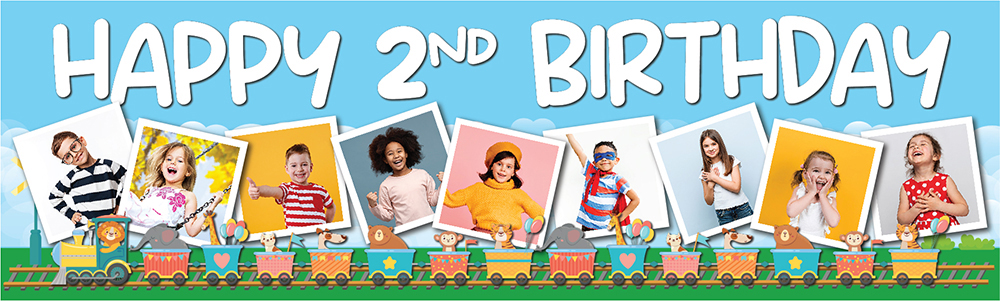 Personalised Happy 2nd Birthday Banner - Lion Circus Train - 9 Photo Upload