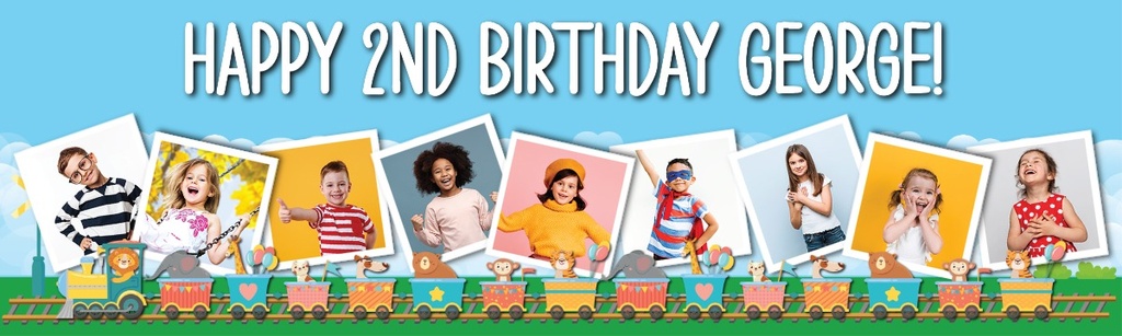 Personalised Happy 2nd Birthday Banner - Lion Circus Train - 9 Photo Upload