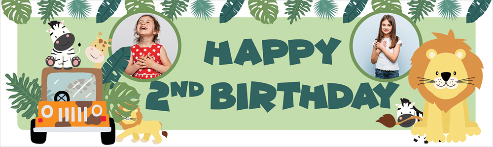 Personalised Happy 2nd Birthday Banner - Lion Safari - 2 Photo Upload