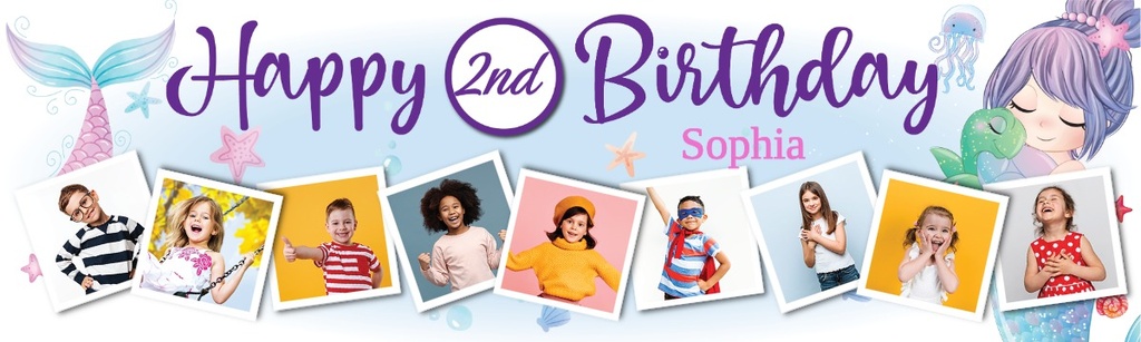 Personalised Happy 2nd Birthday Banner - Mermaid Friends - 9 Photo Upload