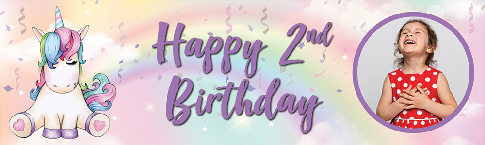 Personalised Happy 2nd Birthday Banner - Rainbow Unicorn - 1 Photo Upload