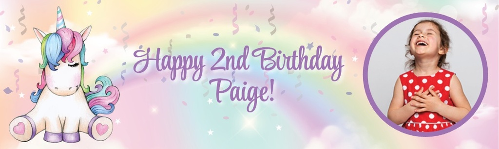 Personalised Happy 2nd Birthday Banner - Rainbow Unicorn - 1 Photo Upload