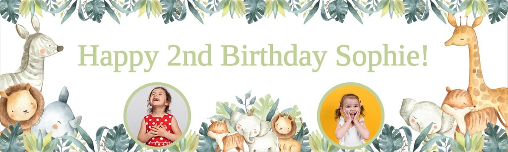 Personalised Happy 2nd Birthday Banner - Safari Animal Friends - 2 Photo Upload