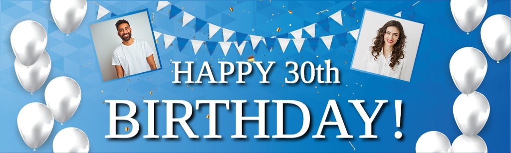 Personalised Happy 30th Birthday Banner - Blue & White - 2 Photo Upload