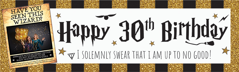 Personalised Happy 30th Birthday Banner - Wizard Design - 1 Photo Upload