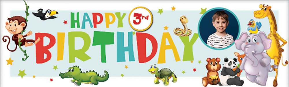 Personalised Happy 3rd Birthday Banner - Jungle Animals - 1 Photo Upload