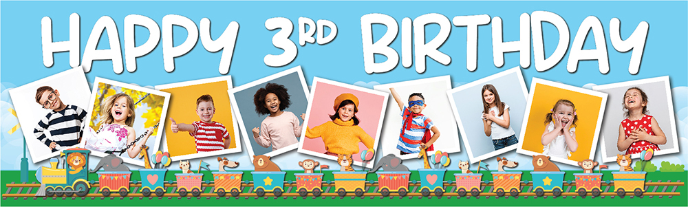Personalised Happy 3rd Birthday Banner - Lion Circus Train - 9 Photo Upload