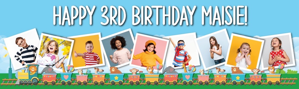 Personalised Happy 3rd Birthday Banner - Lion Circus Train - 9 Photo Upload