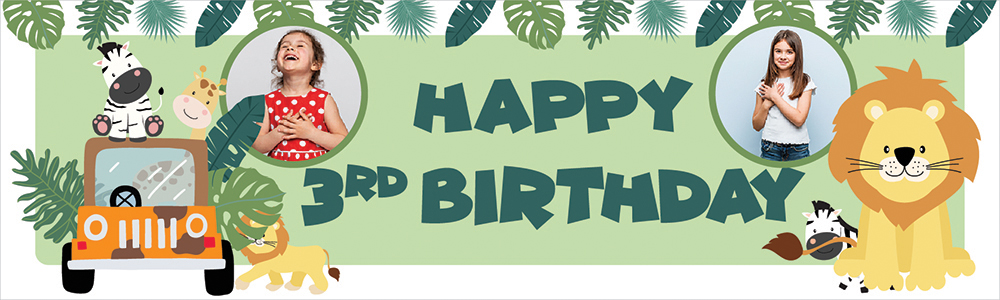 Personalised Happy 3rd Birthday Banner - Lion Safari - 2 Photo Upload