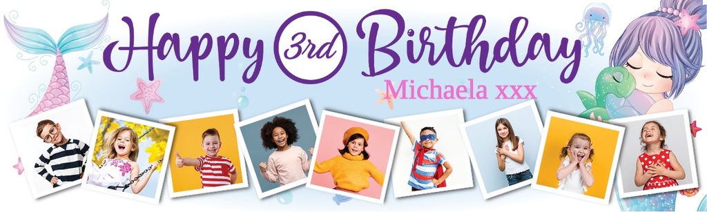 Personalised Happy 3rd Birthday Banner - Mermaid Friends - 9 Photo Upload