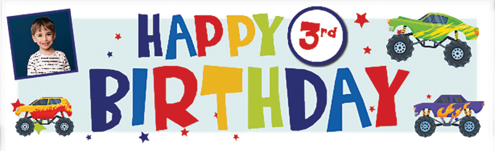 Personalised Happy 3rd Birthday Banner - Monster Truck - 1 Photo Upload