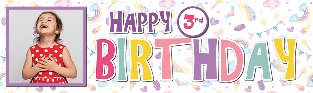 Personalised Happy 3rd Birthday Banner - Rainbow Party - 1 Photo Upload