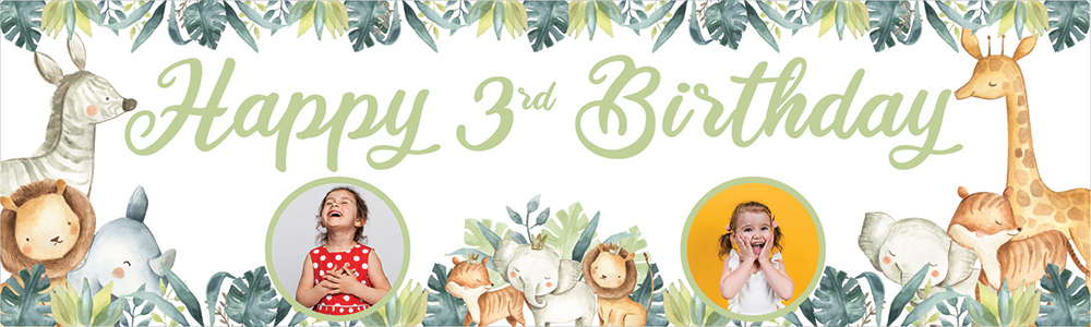 Personalised Happy 3rd Birthday Banner - Safari Animal Friends - 2 Photo Upload