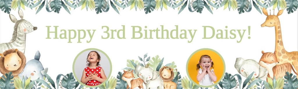 Personalised Happy 3rd Birthday Banner - Safari Animal Friends - 2 Photo Upload