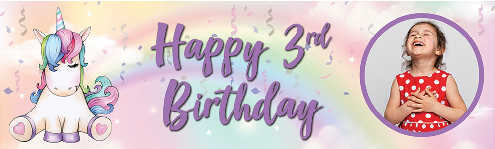 Personalised Happy 3rd Birthday Banner - Rainbow Unicorn - 1 Photo Upload