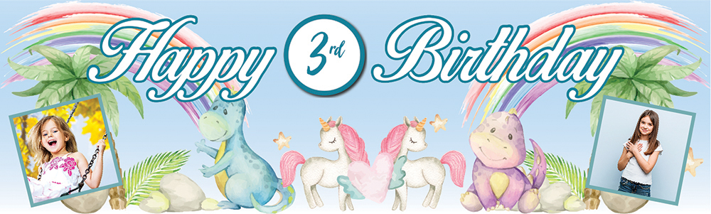 Personalised Happy 3rd Birthday Banner - Unicorn Fairytale - 2 Photo Upload