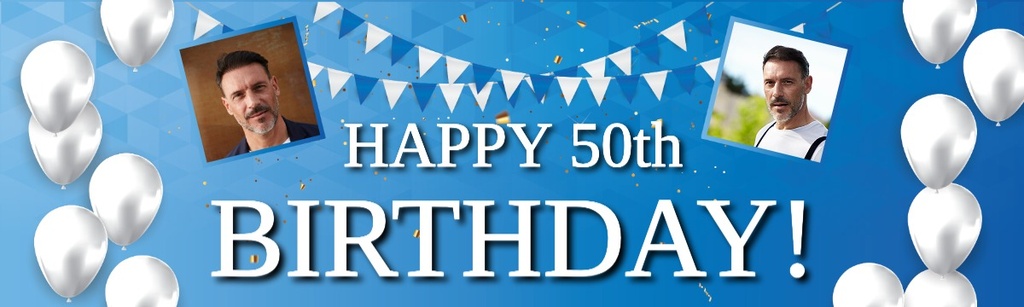 Personalised Happy 50th Birthday Banner - Blue & White - 2 Photo Upload