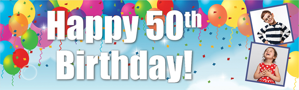 Personalised Happy 50th Birthday Banner - Party Balloons - 2 Photo Upload