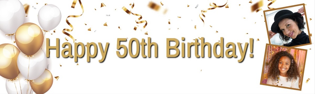 Personalised Happy 50th Birthday Banner - Gold & White Balloons - 2 Photo Upload