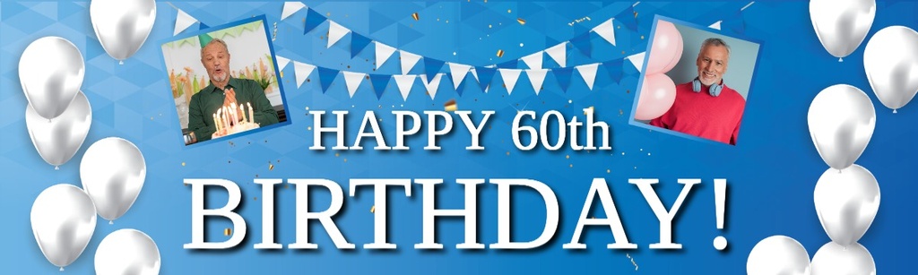 Personalised Happy 60th Birthday Banner - Blue & White - 2 Photo Upload