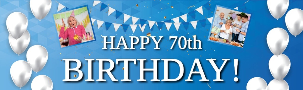 Personalised Happy 70th Birthday Banner - Blue & White - 2 Photo Upload