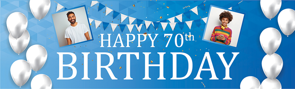 Personalised Happy 70th Birthday Banner - Blue & White - 2 Photo Upload