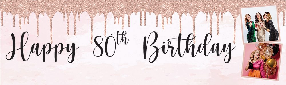 Personalised Happy 80th Birthday Banner - Pink Glitter - 2 Photo Upload