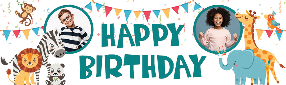 Personalised Happy Birthday Banner - Animal Safari Party - 2 Photo Upload