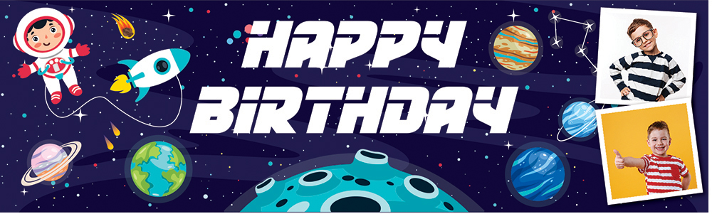 Personalised Happy Birthday Banner - Astronaut & Planets Space - 2 Photo Upload