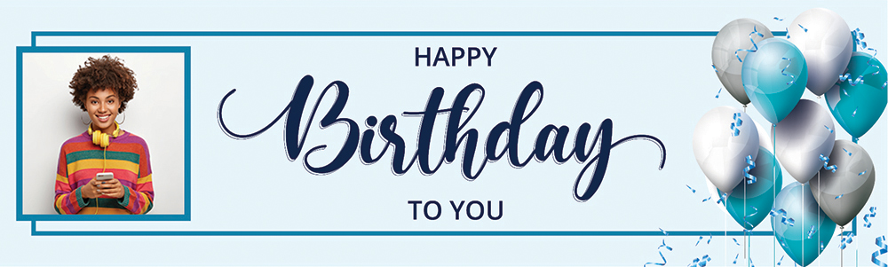 Personalised Happy Birthday Banner - Blue & White Party Balloons - 1 Photo Upload