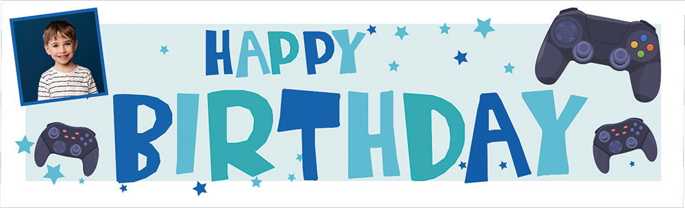 Personalised Happy Birthday Banner - Blue Gaming - 1 Photo Upload