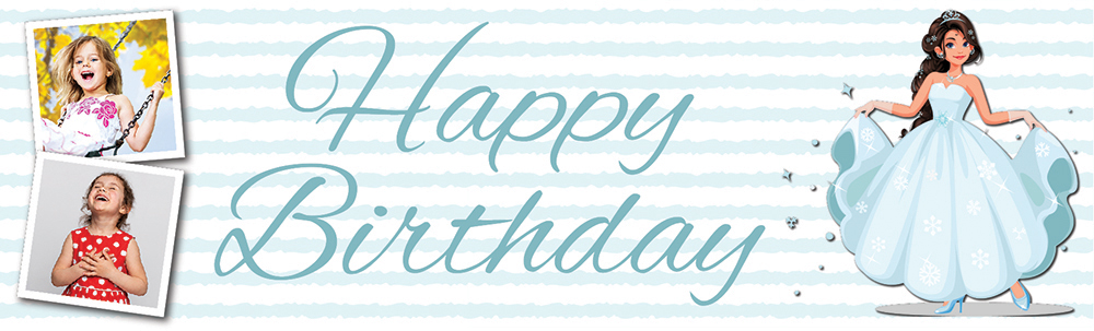 Personalised Happy Birthday Banner - Blue Princess - 2 Photo Upload