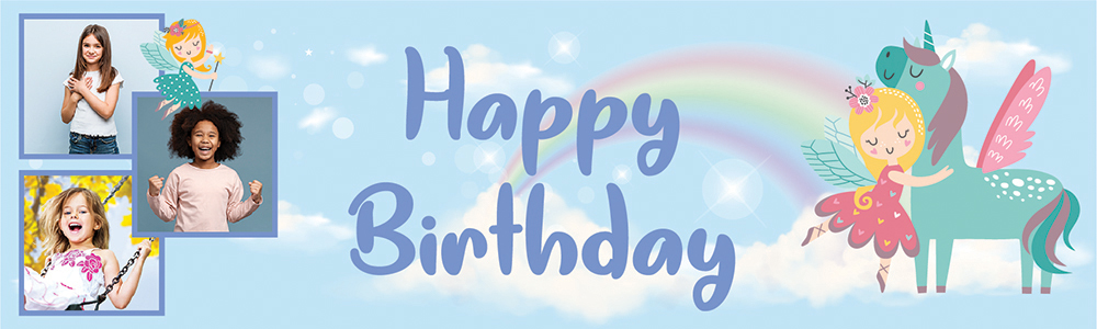 Personalised Happy Birthday Banner - Blue Unicorn - 3 Photo Upload