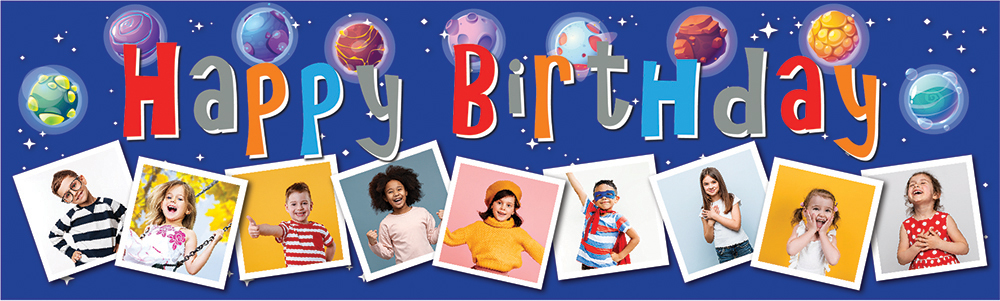 Personalised Happy Birthday Banner - Childrens Planets Space - 9 Photo Upload