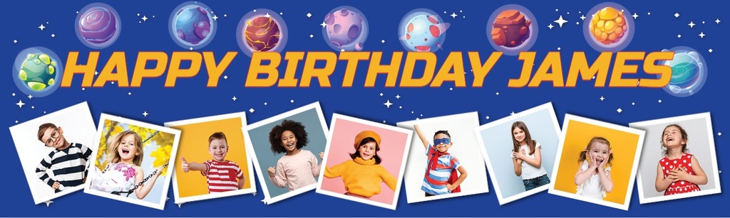 Personalised Happy Birthday Banner - Childrens Planets Space - 9 Photo Upload