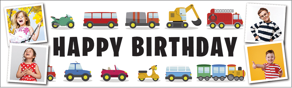 Personalised Happy Birthday Banner - Diggers Trucks & Trains - 4 Photo Upload