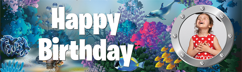 Personalised Happy Birthday Banner - Dolphin Coral Reef - 1 Photo Upload