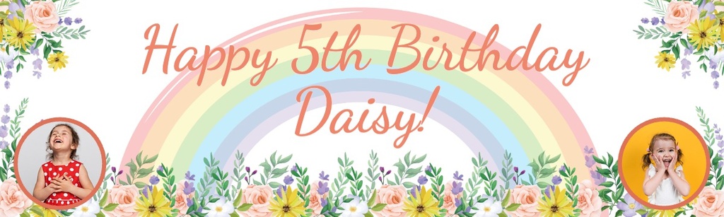 Personalised Happy Birthday Banner - Floral Rainbow - 2 Photo Upload