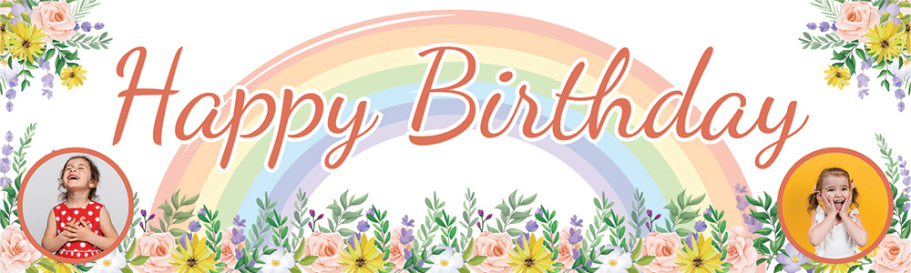 Personalised Happy Birthday Banner - Floral Rainbow - 2 Photo Upload