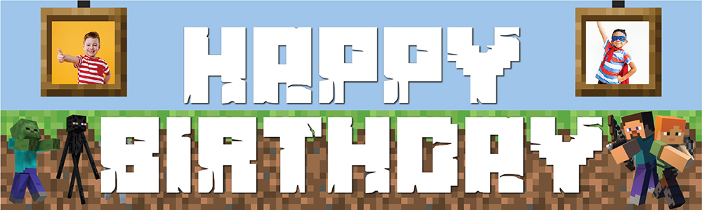 Personalised Happy Birthday Banner - Gaming Kids Blocks - 2 Photo Upload