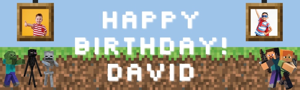 Personalised Happy Birthday Banner - Gaming Kids Blocks - 2 Photo Upload