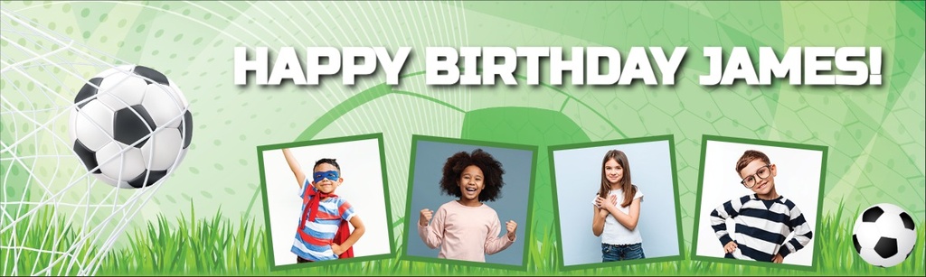 Personalised Happy Birthday Banner - Green Kids Football - 4 Photo Upload