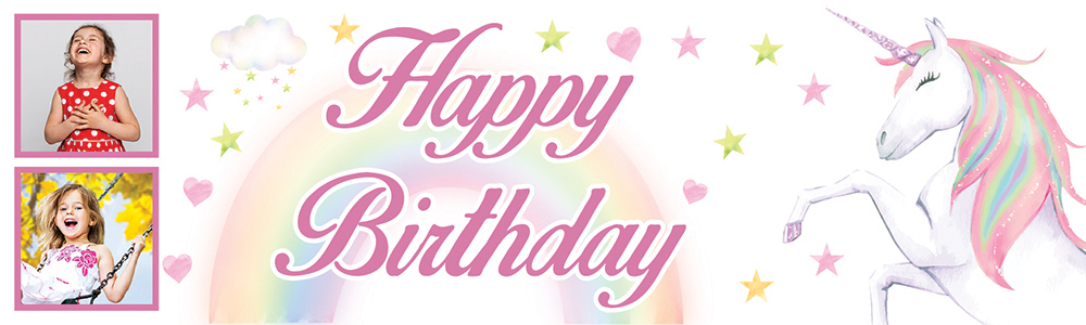 Personalised Happy Birthday Banner - Hearts & Stars Rainbow Unicorn - 2 Photo Upload