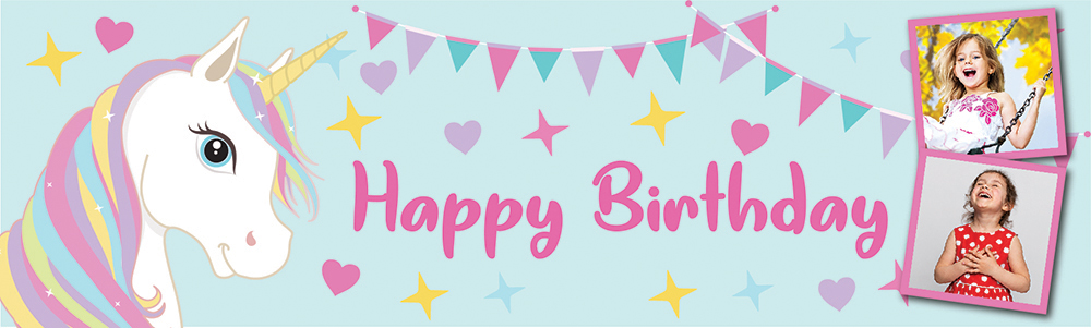 Personalised Happy Birthday Banner - Hearts & Stars Unicorn - 2 Photo Upload