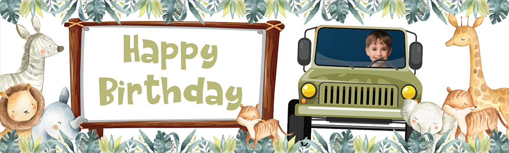 Personalised Happy Birthday Banner - Jeep Safari Animals - 1 Photo Upload