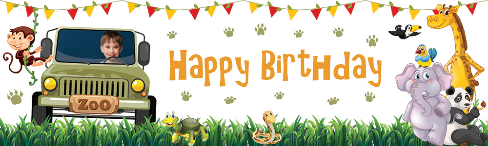 Personalised Happy Birthday Banner - Jeep Safari Kids - 1 Photo Upload
