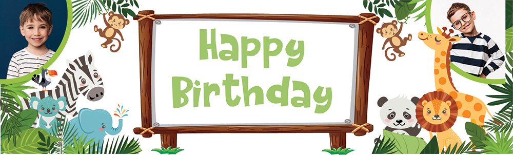 Personalised Happy Birthday Banner - Jungle Animal Party - 2 Photo Upload