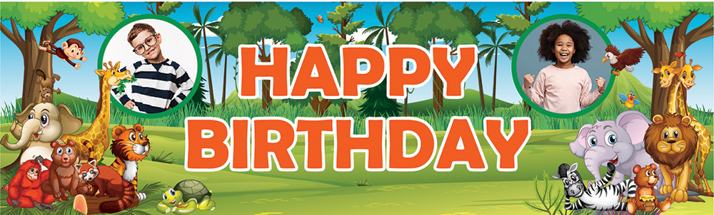 Personalised Happy Birthday Banner - Jungle Animals - 2 Photo Upload